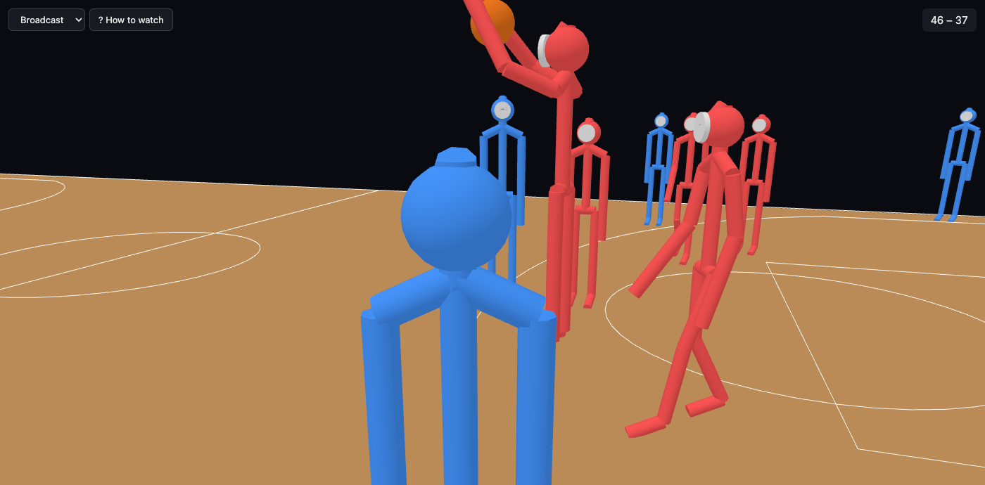 Close in on an interception: a blue player's back and head fill the middle of the frame, in front of the red player reaching up for the ball