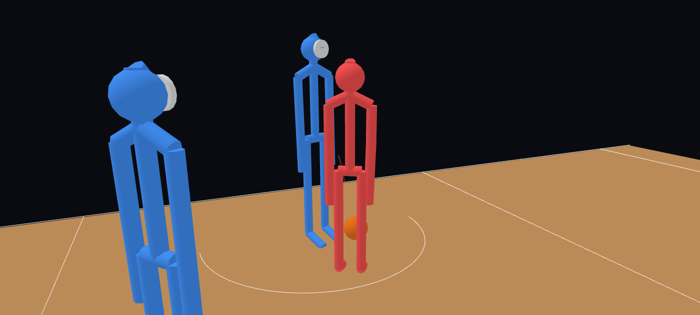 The same strip from a camera turned round the play: the red defender and the ball at their feet in clear view, the bystander off to the left