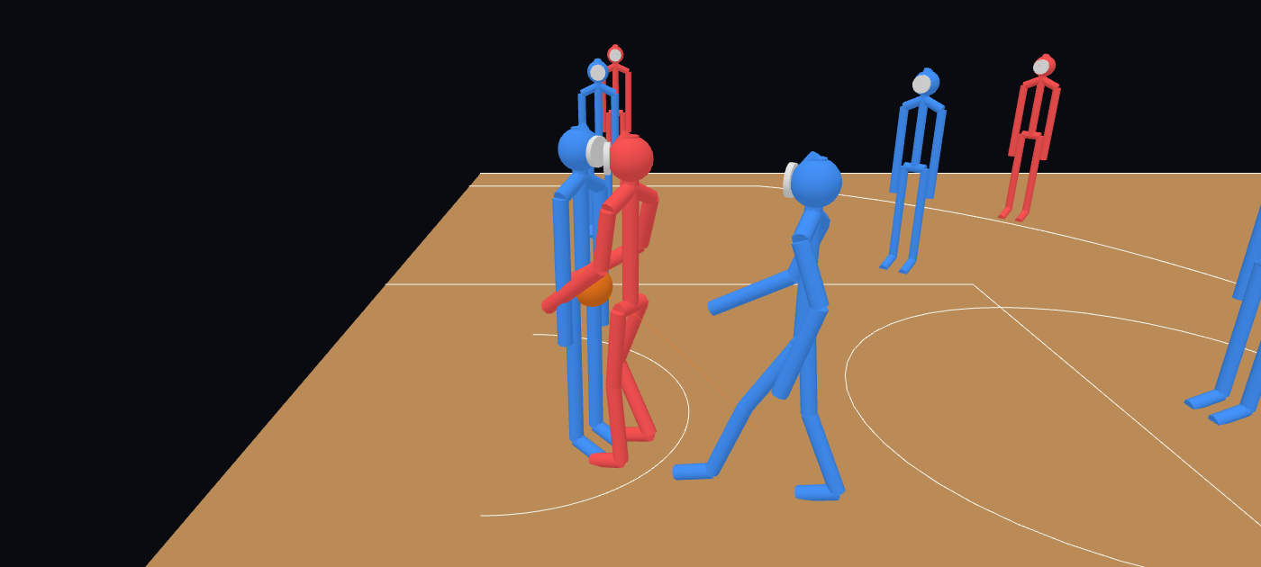 Beside the play: the red driver carries the ball into a blue help defender standing in the way, while the beaten blue defender strides after them