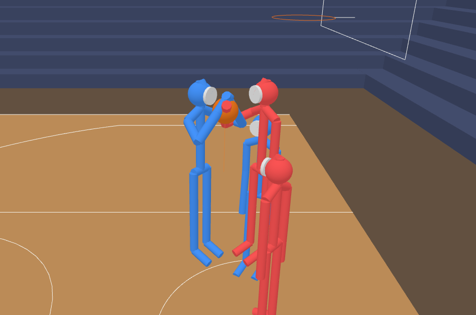 Close beside a shot at the release: a red defender's hand is on the orange ball just as it leaves the blue shooter's raised hands, with two more players behind them
