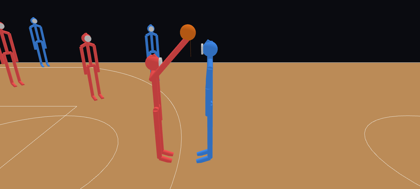 A defender in red stretching an arm up and across toward the ball as a shooter in blue releases it, from the side