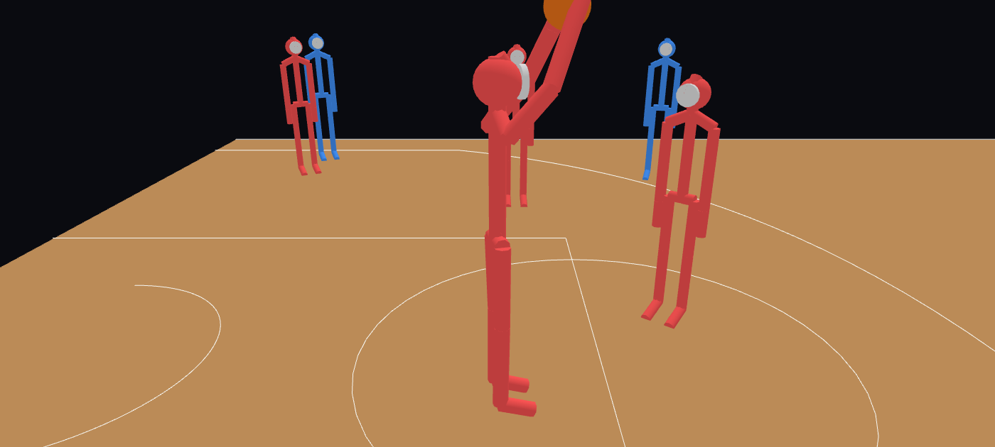 Beside the red defender, who reaches up with both hands and takes the ball above their head, other players standing behind
