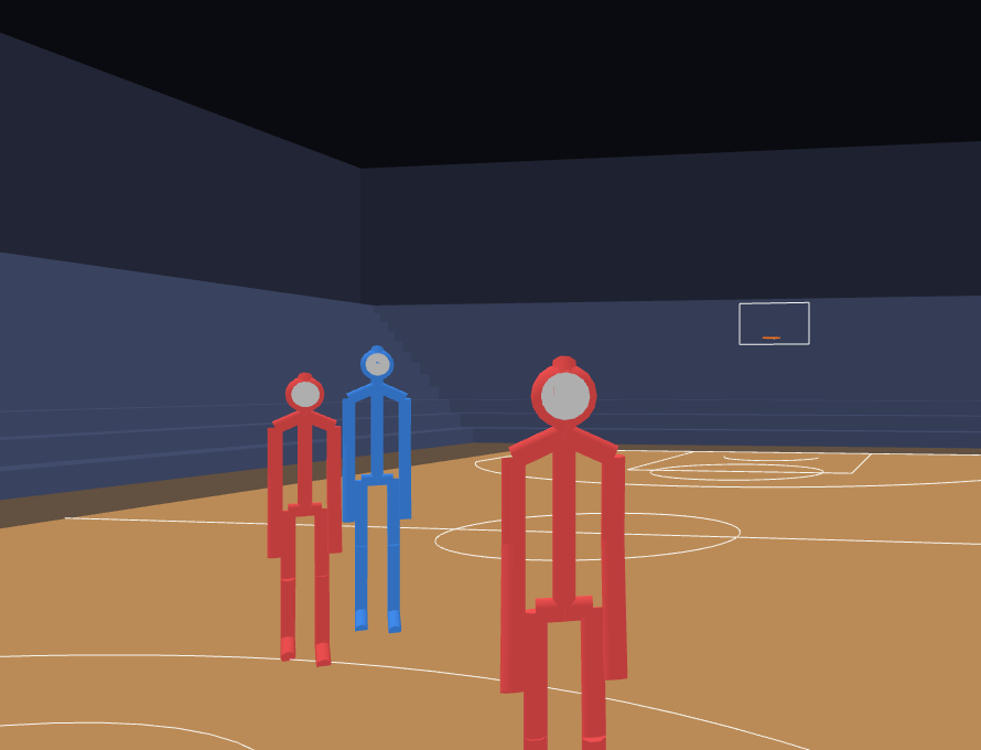 The same view with an arena: a darker floor runs past the lines, rows of grey-blue stands rise along the side and the far end, under a dark wall