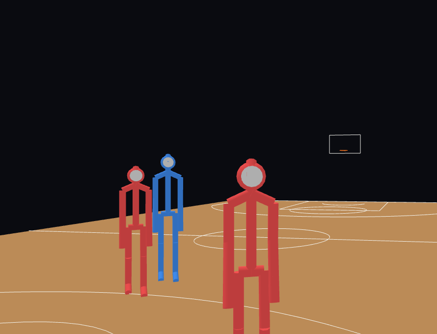 A player's view up the court: red and blue players on the floor, and beyond the court's far end nothing but black