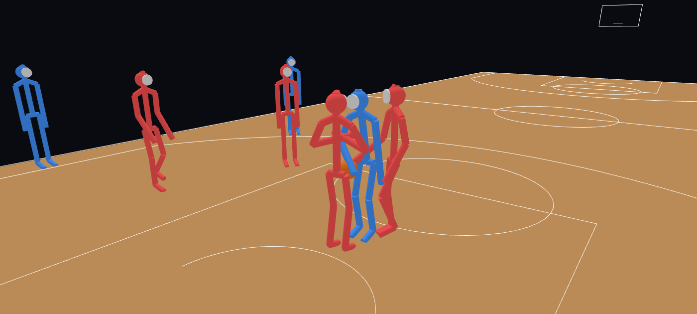 After: a red helper stands square with both fists at the chest as the blue driver leans into them with the ball