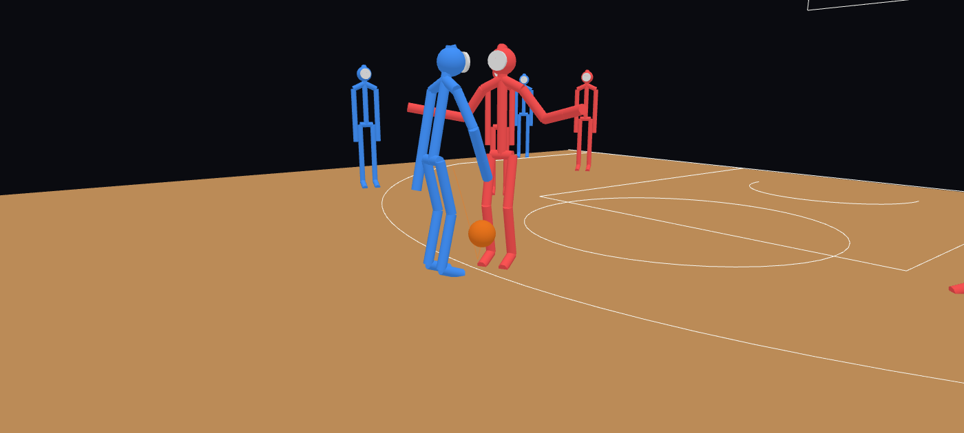 After: the blue driver leans in over the dribble while the red defender, knees bent, holds both arms out wide in front of them