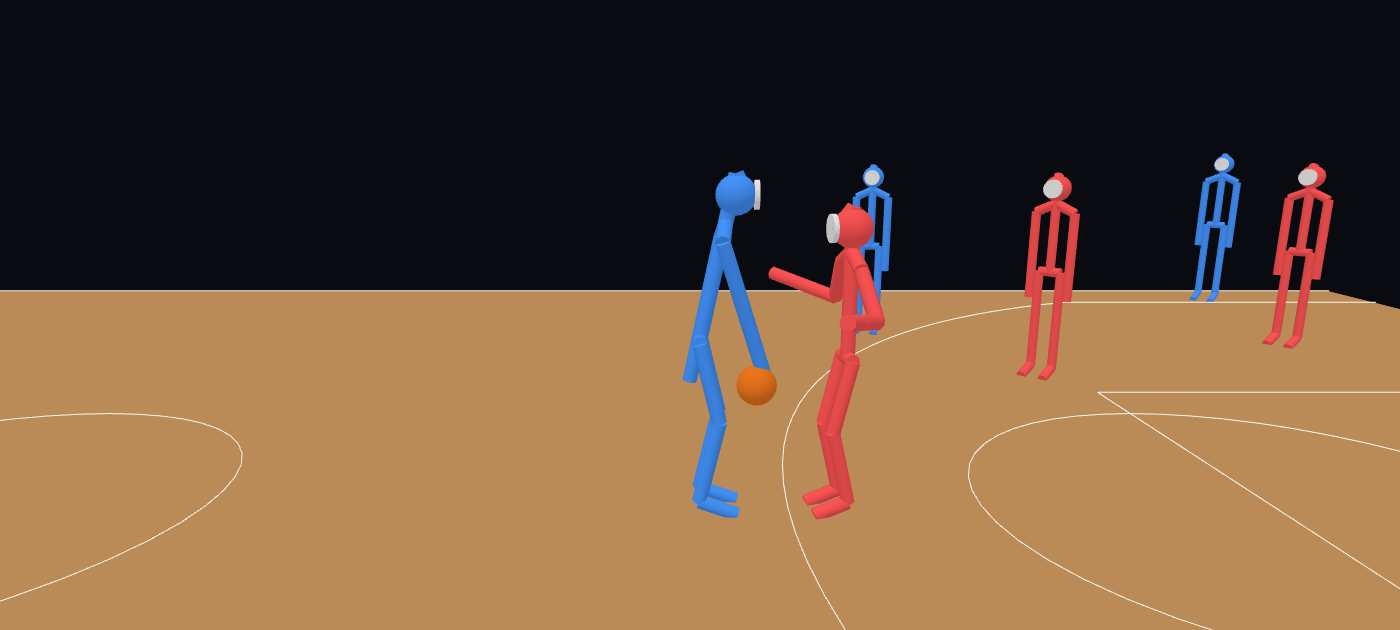 A tall blue player with the ball stands beside a red defender who is a head shorter, seen from the side at the start of the game