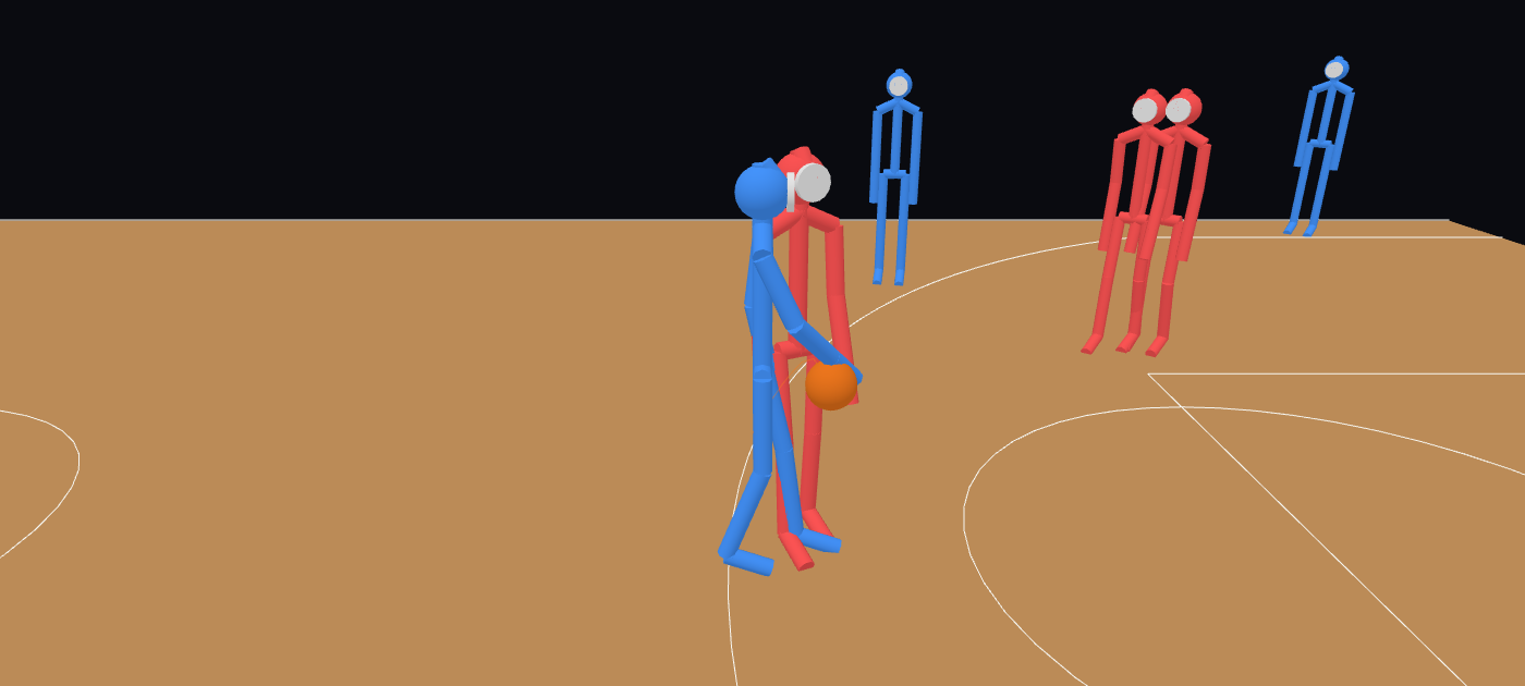 Beside the play: the blue driver carries the ball past the red defender, who is just behind at the shoulder