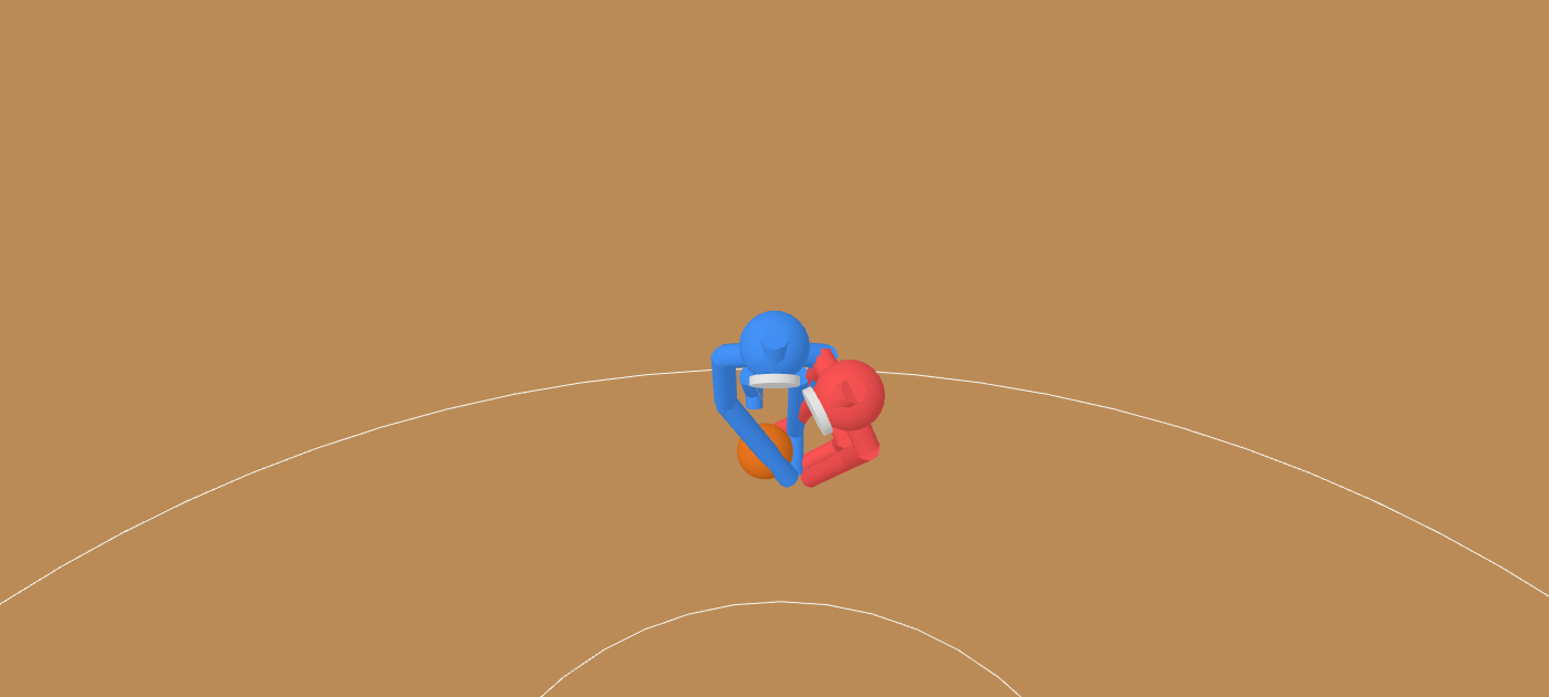 Seen from above, after: the blue driver with the ball and the red defender side by side, the defender at the driver's hip
