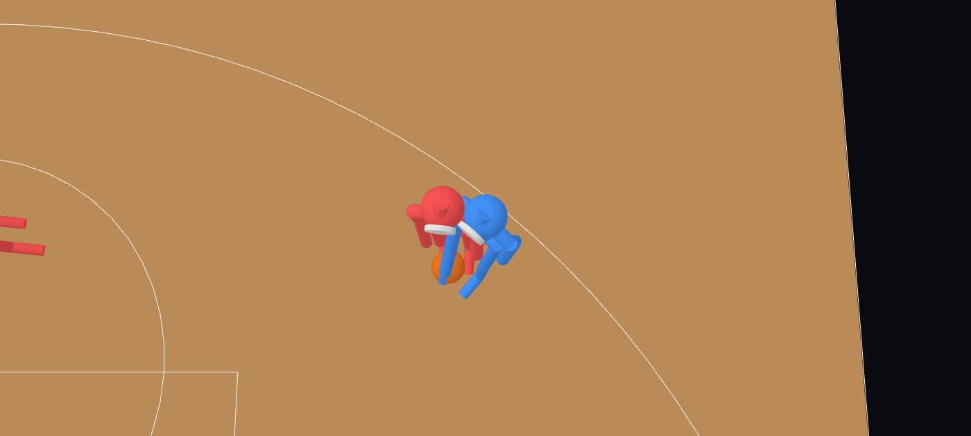 Seen from above, before: a red defender and the blue driver with the ball overlap, one torso partly inside the other