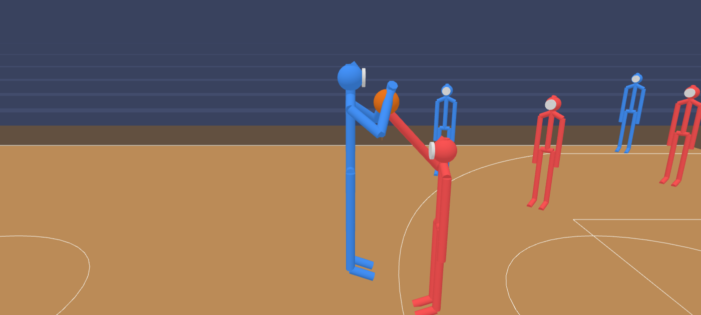 A shooter in blue, feet clear of the floor, with the ball at the top of the shot, beside a defender in red whose feet are flat on the floor, from the side