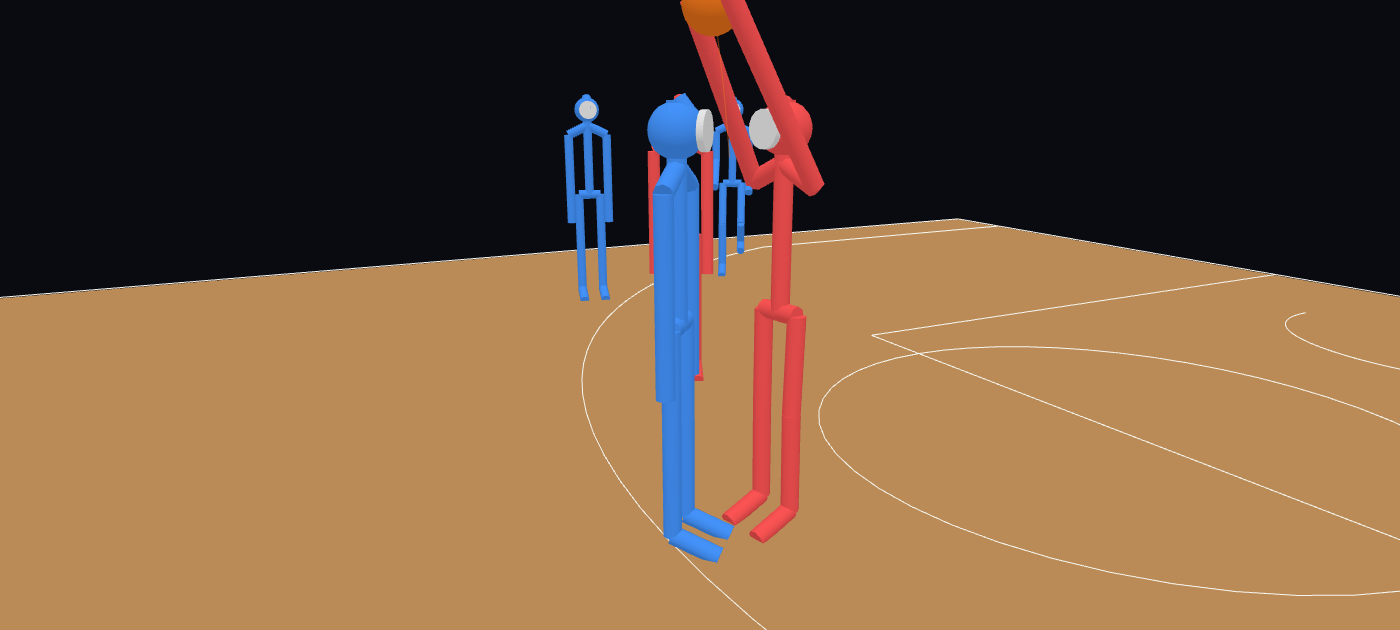 Close in: the red defender reaches up with both hands and takes the pass above the head of the blue player