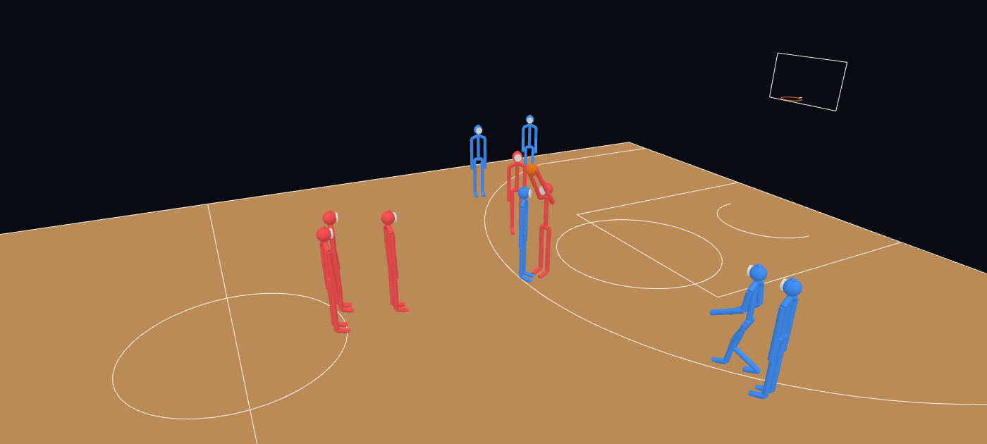 The wide view: a pass being intercepted near the three-point line, the players small and the ball a few pixels across