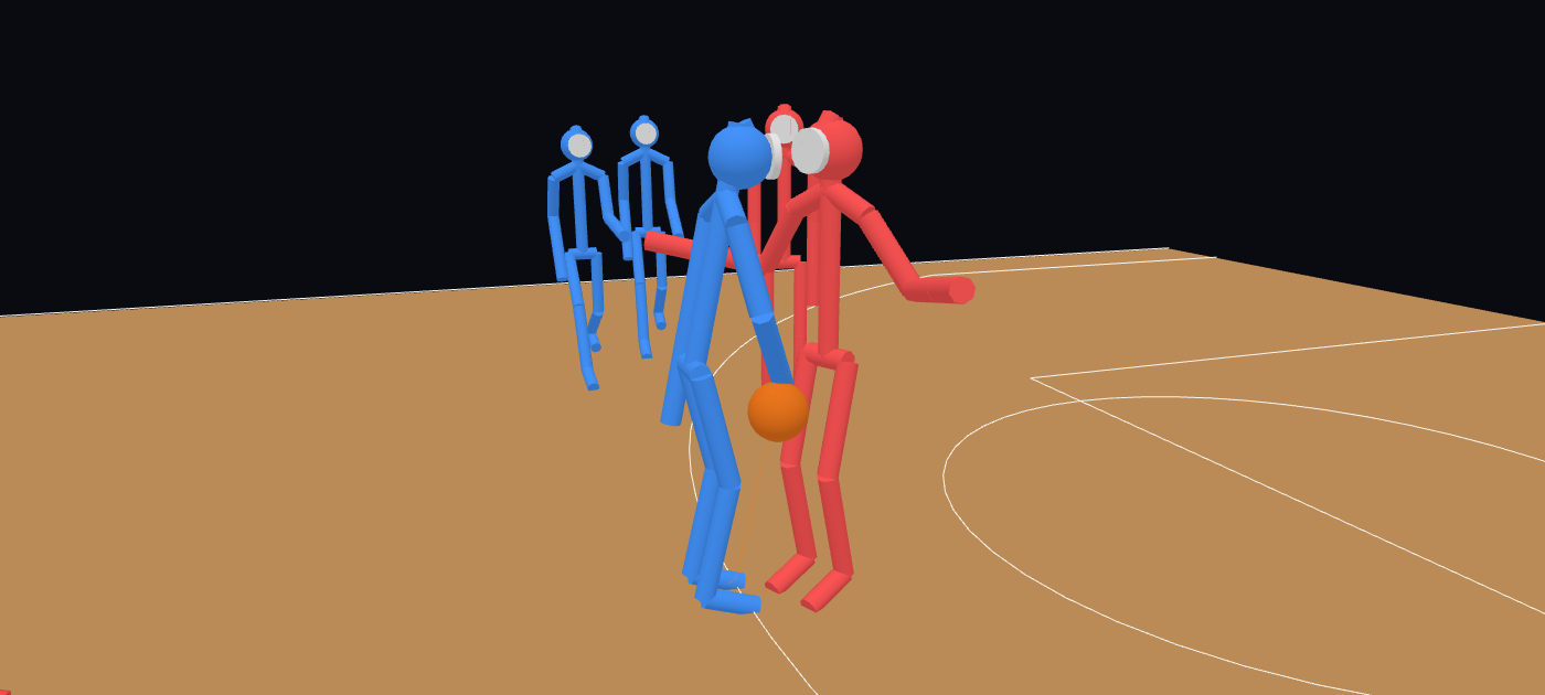 Close in: the blue ball handler dribbles with a red defender in front, arms out wide, half a second before the pass